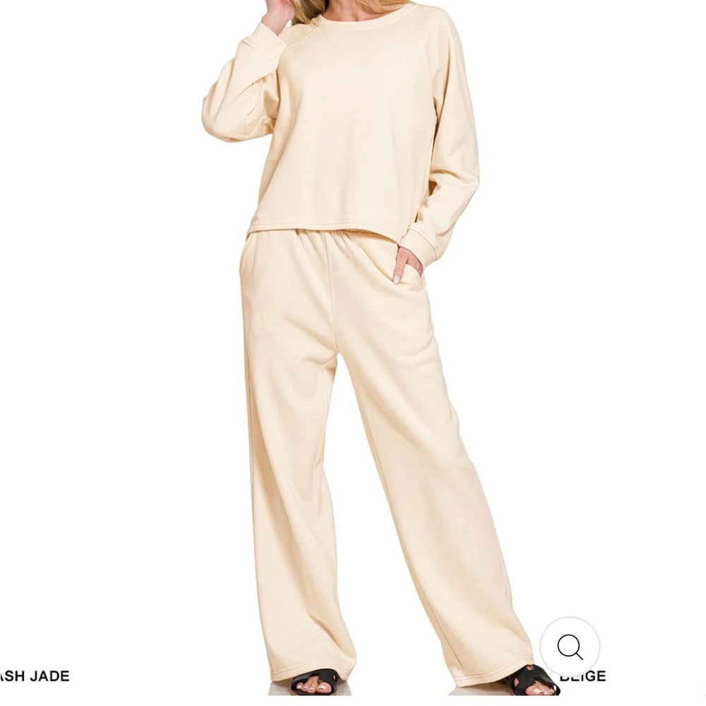 Fleece raglan sleeve pullover sweatpants set Beige NEW